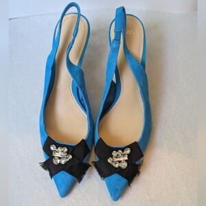 Zara Women Blue Suede Heels Size 35 Shoes Low Heel Slingbacks Size 40 US 9